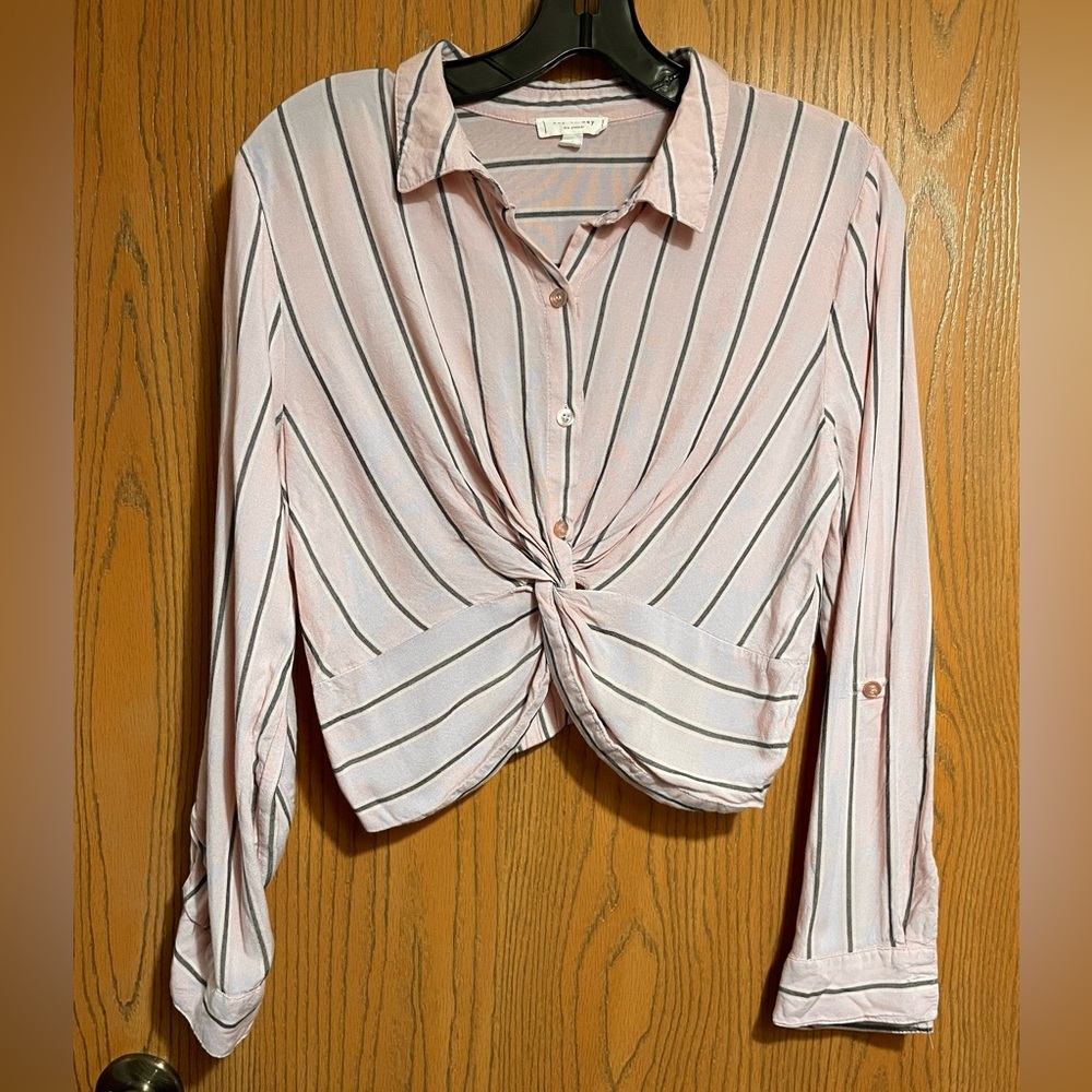 Pink Button-Down Shirt - Cropped with Black Stripes